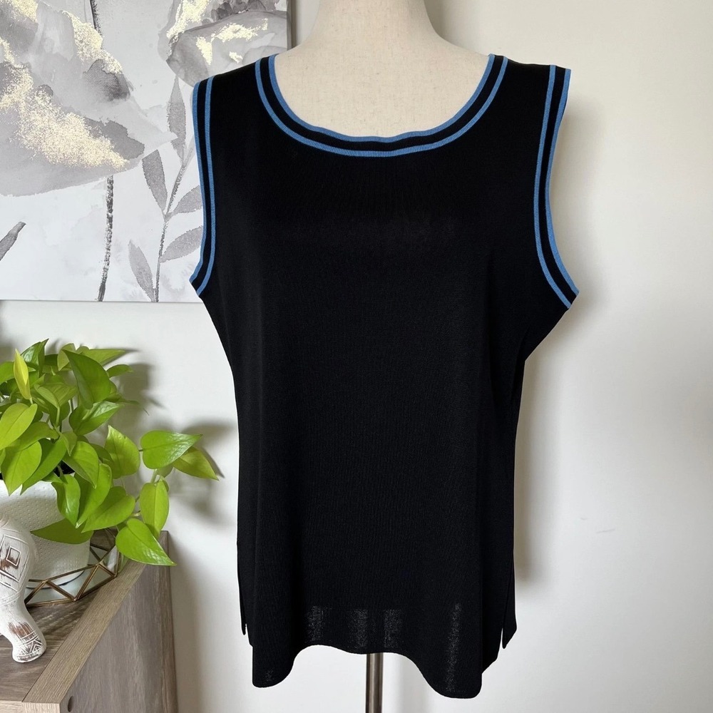 Vintage Misook XL Black Knit Tank Top Blue Trim Sleeveless Tunic 90s Y2K